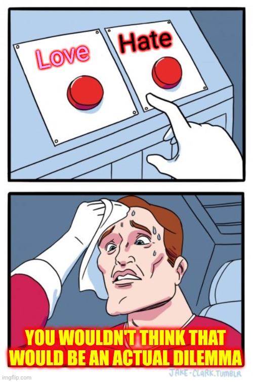 D i l e m m a | Hate; Love; YOU WOULDN'T THINK THAT WOULD BE AN ACTUAL DILEMMA | image tagged in memes,two buttons,dilemma,love,hate,haters gonna hate | made w/ Imgflip meme maker