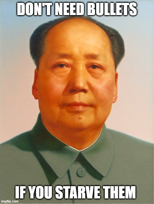 Mao Zedong | DON'T NEED BULLETS IF YOU STARVE THEM | image tagged in mao zedong | made w/ Imgflip meme maker