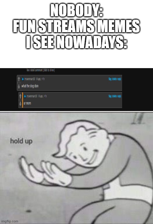 Fallout Hold Up | NOBODY:
FUN STREAMS MEMES I SEE NOWADAYS: | image tagged in fallout hold up | made w/ Imgflip meme maker