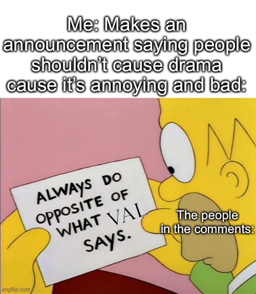 Stfu | Me: Makes an announcement saying people shouldn’t cause drama cause it’s annoying and bad:; The people in the comments:; VAL | made w/ Imgflip meme maker