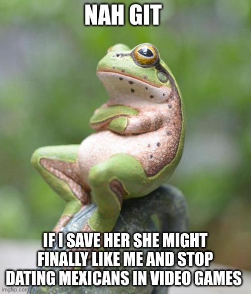 nah frog | NAH GIT IF I SAVE HER SHE MIGHT FINALLY LIKE ME AND STOP DATING MEXICANS IN VIDEO GAMES | image tagged in nah frog | made w/ Imgflip meme maker