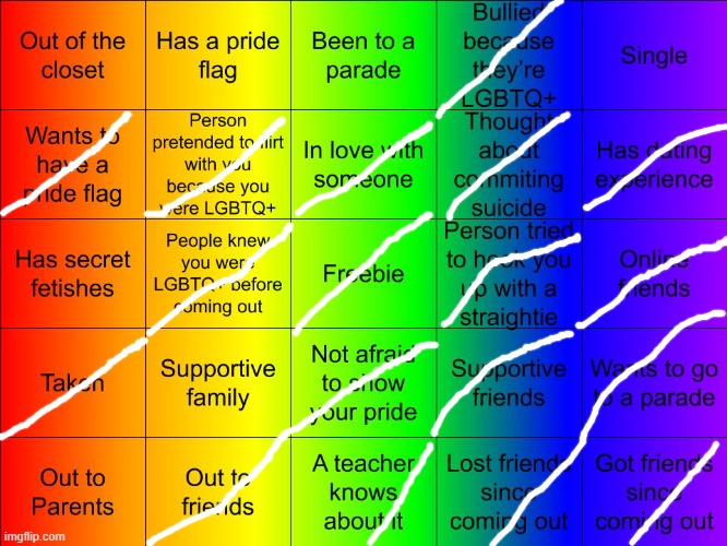 gay and deppressed | image tagged in jer-sama's lgbtq bingo | made w/ Imgflip meme maker