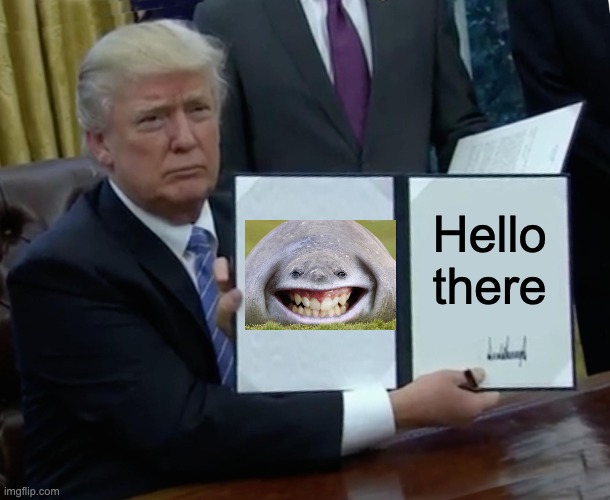 Nani | Hello there | image tagged in memes,trump bill signing | made w/ Imgflip meme maker