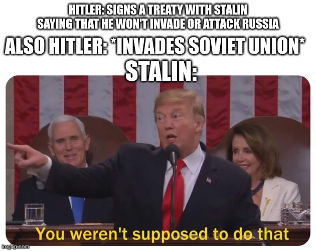Invasion of the USSR | HITLER: SIGNS A TREATY WITH STALIN SAYING THAT HE WON'T INVADE OR ATTACK RUSSIA; ALSO HITLER: *INVADES SOVIET UNION*; STALIN: | image tagged in you weren't supposed to do that,hitler,stalin,ww2 | made w/ Imgflip meme maker