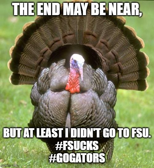 The End May be Near, but at Least I Didn't Go to FSU. #FSUCKS #GoGators | THE END MAY BE NEAR, BUT AT LEAST I DIDN'T GO TO FSU.
#FSUCKS
#GOGATORS | image tagged in memes,turkey,fsucks,go gators,beat fsu,happy thanksgiving | made w/ Imgflip meme maker
