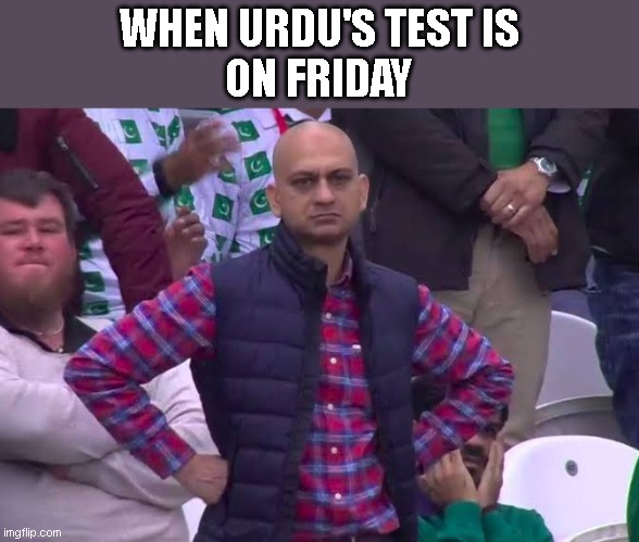Disappointed Man | WHEN URDU'S TEST IS
ON FRIDAY | image tagged in disappointed man | made w/ Imgflip meme maker