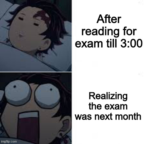 Sleeping Tanjiro | After reading for exam till 3:00; Realizing the exam was next month | image tagged in sleeping tanjiro | made w/ Imgflip meme maker