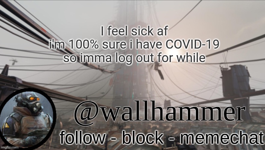 Wallhammer temp (thanks Bluehonu) | I feel sick af
i'm 100% sure i have COVID-19
so imma log out for while | image tagged in wallhammer temp thanks bluehonu | made w/ Imgflip meme maker