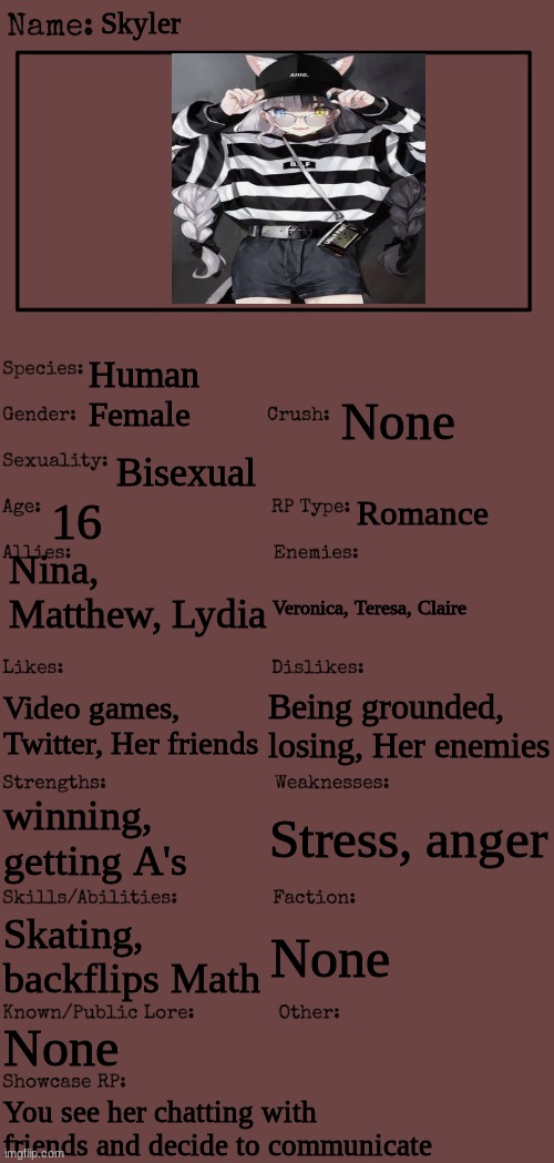 New OC showcase for RP stream | Skyler; Human; None; Female; Bisexual; 16; Romance; Nina, Matthew, Lydia; Veronica, Teresa, Claire; Being grounded, losing, Her enemies; Video games, Twitter, Her friends; Stress, anger; winning, getting A's; Skating, backflips Math; None; None; You see her chatting with friends and decide to communicate | image tagged in new oc showcase for rp stream | made w/ Imgflip meme maker