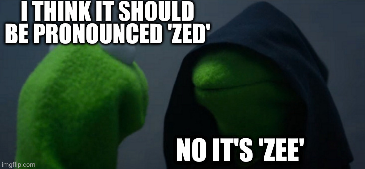 Evil Kermit Meme | I THINK IT SHOULD BE PRONOUNCED 'ZED' NO IT'S 'ZEE' | image tagged in memes,evil kermit | made w/ Imgflip meme maker