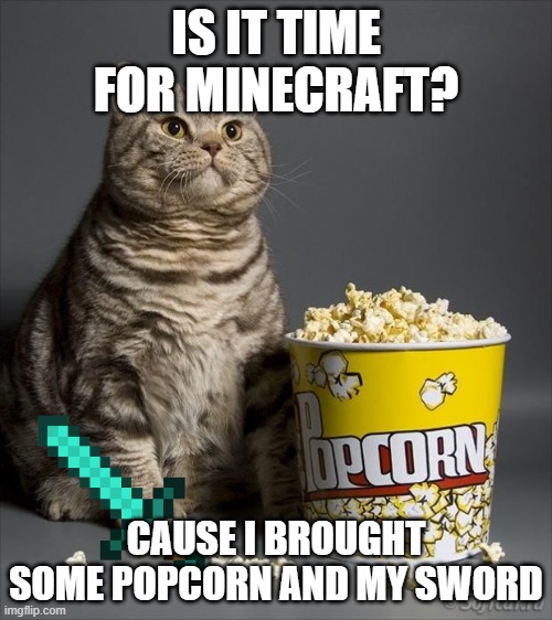 Cat eating popcorn | IS IT TIME FOR MINECRAFT? CAUSE I BROUGHT SOME POPCORN AND MY SWORD | image tagged in cat eating popcorn | made w/ Imgflip meme maker