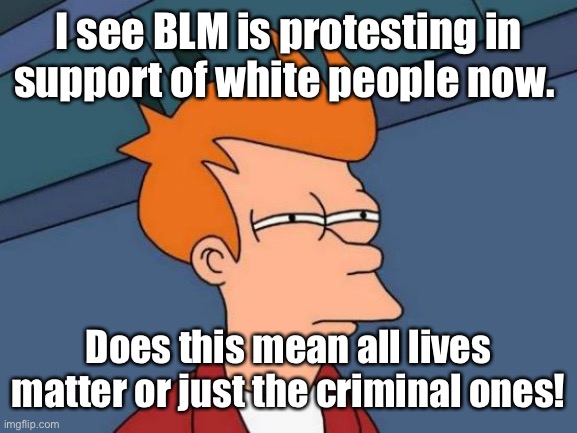 Hmmmmm | I see BLM is protesting in support of white people now. Does this mean all lives matter or just the criminal ones! | image tagged in memes,futurama fry,politics lol | made w/ Imgflip meme maker