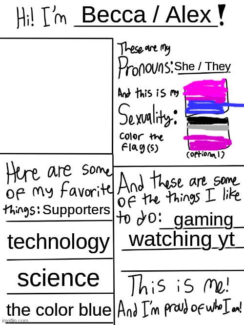 i suck at drawing | Becca / Alex; She / They; Supporters; gaming; technology; watching yt; science; the color blue | image tagged in lgbtq stream account profile | made w/ Imgflip meme maker