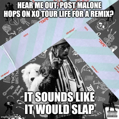 Lol hear it out | HEAR ME OUT, POST MALONE HOPS ON XO TOUR LIFE FOR A REMIX? IT SOUNDS LIKE IT WOULD SLAP | image tagged in xo tour life | made w/ Imgflip meme maker
