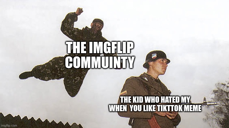 Like Your Going To Hurt Me With A F You | THE IMGFLIP COMMUINTY; THE KID WHO HATED MY WHEN  YOU LIKE TIKTTOK MEME | image tagged in soldier jump spetznaz | made w/ Imgflip meme maker