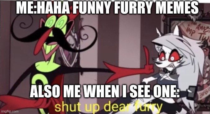 idk | ME:HAHA FUNNY FURRY MEMES; ALSO ME WHEN I SEE ONE: | image tagged in shut up dear furry | made w/ Imgflip meme maker