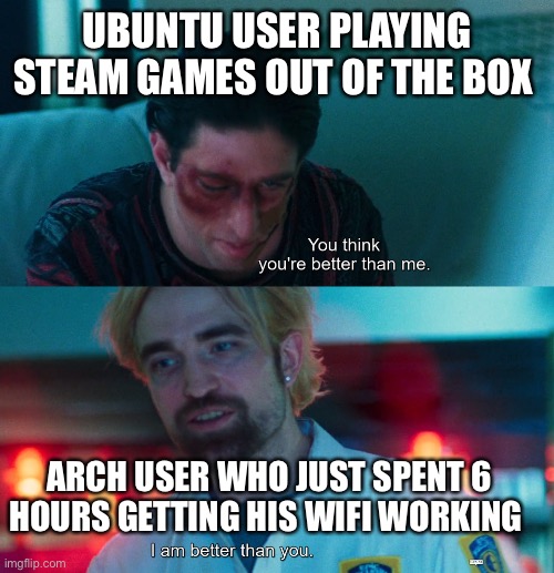 You think you're better than me? I am better than you. | UBUNTU USER PLAYING STEAM GAMES OUT OF THE BOX; ARCH USER WHO JUST SPENT 6 HOURS GETTING HIS WIFI WORKING | image tagged in you think you're better than me i am better than you | made w/ Imgflip meme maker