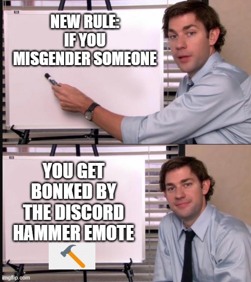 BONK the transphobes | NEW RULE: IF YOU MISGENDER SOMEONE; YOU GET BONKED BY THE DISCORD HAMMER EMOTE | image tagged in jim halpert pointing to whiteboard,transgender,hammer,bonk,what to do when someone misgenders you | made w/ Imgflip meme maker