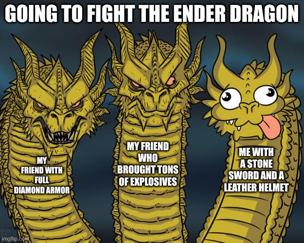 Three-headed Dragon | GOING TO FIGHT THE ENDER DRAGON; MY FRIEND WHO BROUGHT TONS OF EXPLOSIVES; ME WITH A STONE SWORD AND A LEATHER HELMET; MY FRIEND WITH FULL DIAMOND ARMOR | image tagged in three-headed dragon | made w/ Imgflip meme maker