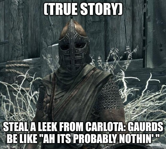 SkyrimGuard | (TRUE STORY); STEAL A LEEK FROM CARLOTA: GAURDS BE LIKE "AH ITS PROBABLY NOTHIN' " | image tagged in skyrimguard | made w/ Imgflip meme maker