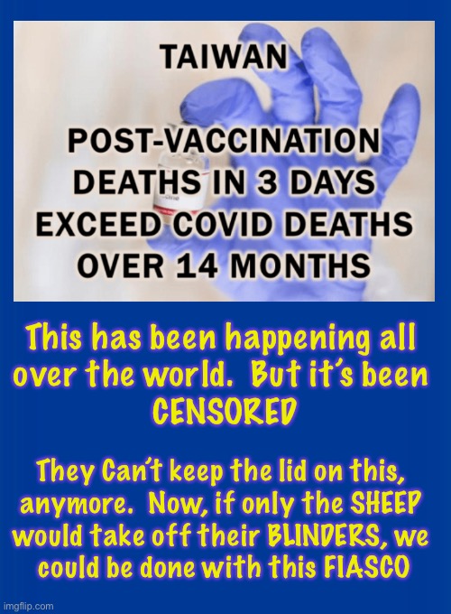 How many have to die?!   At what point do YOU say,  ENOUGH!  This Must STOP! | This has been happening all 
over the world.  But it’s been 
CENSORED; They Can’t keep the lid on this, 
anymore.  Now, if only the SHEEP 
would take off their BLINDERS, we 
could be done with this FIASCO | image tagged in memes,vaccine,vaccines | made w/ Imgflip meme maker