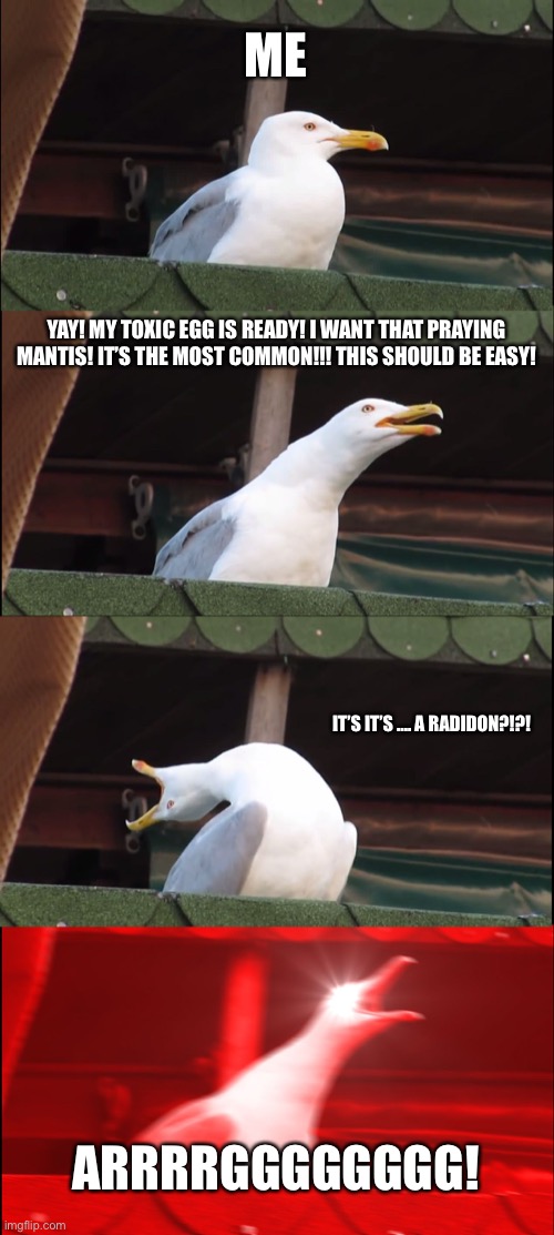 Relatable? | ME; YAY! MY TOXIC EGG IS READY! I WANT THAT PRAYING MANTIS! IT’S THE MOST COMMON!!! THIS SHOULD BE EASY! IT’S IT’S …. A RADIDON?!?! ARRRRGGGGGGGG! | image tagged in memes,inhaling seagull,bad luck,dragon adventures | made w/ Imgflip meme maker