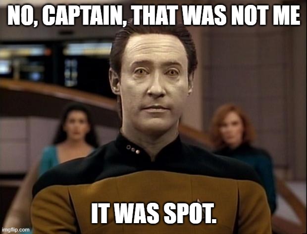 Star trek data | NO, CAPTAIN, THAT WAS NOT ME IT WAS SPOT. | image tagged in star trek data | made w/ Imgflip meme maker