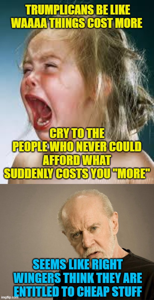 TRUMPLICANS BE LIKE WAAAA THINGS COST MORE; CRY TO THE PEOPLE WHO NEVER COULD AFFORD WHAT SUDDENLY COSTS YOU "MORE"; SEEMS LIKE RIGHT WINGERS THINK THEY ARE ENTITLED TO CHEAP STUFF | image tagged in crying baby,george carlin | made w/ Imgflip meme maker