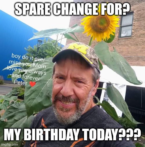 Spare Change For? | SPARE CHANGE FOR? MY BIRTHDAY TODAY??? | image tagged in peter plant,upvote begging,begging,beggar | made w/ Imgflip meme maker