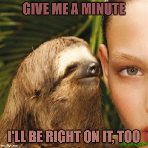 Sloth Whisper | GIVE ME A MINUTE I'LL BE RIGHT ON IT, TOO | image tagged in sloth whisper | made w/ Imgflip meme maker