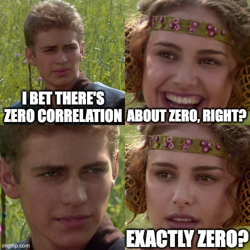 Anakin Padme 4 Panel | I BET THERE'S ZERO CORRELATION; ABOUT ZERO, RIGHT? EXACTLY ZERO? | image tagged in anakin padme 4 panel | made w/ Imgflip meme maker