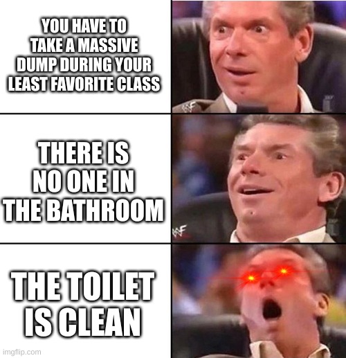 bathroom stereotypes |  YOU HAVE TO TAKE A MASSIVE DUMP DURING YOUR LEAST FAVORITE CLASS; THERE IS NO ONE IN THE BATHROOM; THE TOILET IS CLEAN | image tagged in vince mcmahon,lol | made w/ Imgflip meme maker