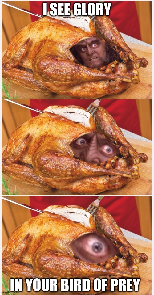 I SEE GLORY; IN YOUR BIRD OF PREY | image tagged in gowron,thanksgiving | made w/ Imgflip meme maker
