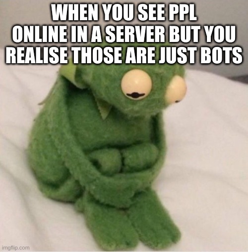 relatable meme pt 3 | WHEN YOU SEE PPL ONLINE IN A SERVER BUT YOU REALISE THOSE ARE JUST BOTS | image tagged in sad kermit | made w/ Imgflip meme maker