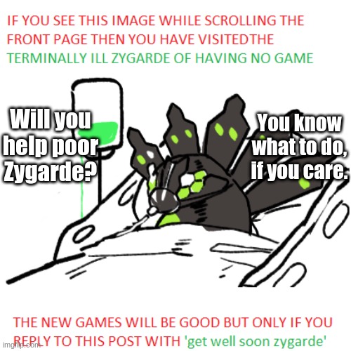 Terminally ill zygard | You know what to do, if you care. Will you help poor Zygarde? | image tagged in terminally ill zygard | made w/ Imgflip meme maker