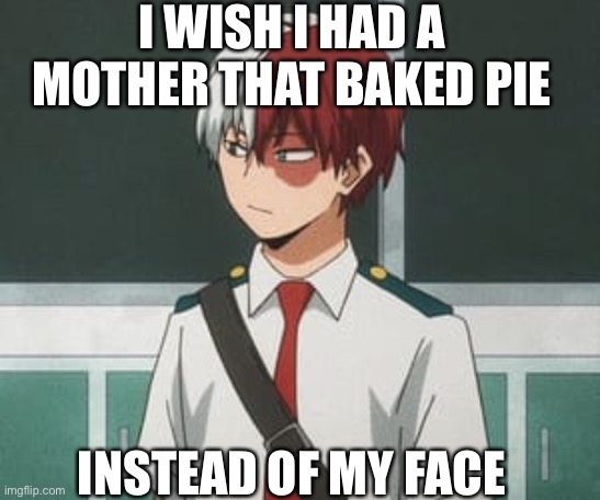Shoto Todoroki | I WISH I HAD A MOTHER THAT BAKED PIE INSTEAD OF MY FACE | image tagged in shoto todoroki | made w/ Imgflip meme maker