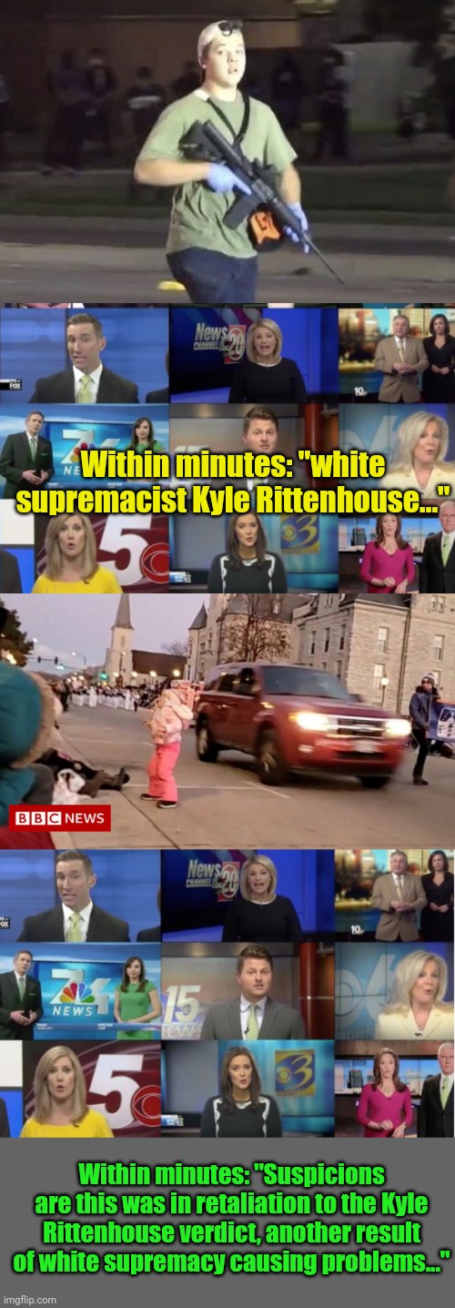 Fastest things on earth: news ability to put a racist spin on tragedy. | Within minutes: "white supremacist Kyle Rittenhouse..."; Within minutes: "Suspicions are this was in retaliation to the Kyle Rittenhouse verdict, another result of white supremacy causing problems..." | image tagged in kyle rittenhouse,msm lies | made w/ Imgflip meme maker