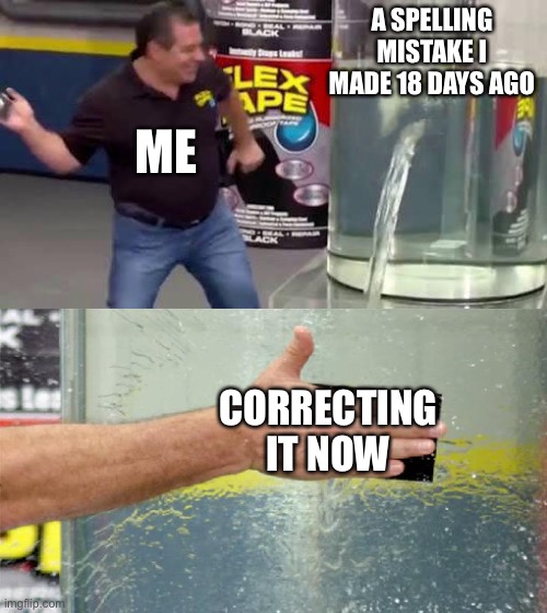 based on a true story | A SPELLING MISTAKE I MADE 18 DAYS AGO; ME; CORRECTING IT NOW | image tagged in flex tape,funny memes,meme,chat,spelling,spelling error | made w/ Imgflip meme maker