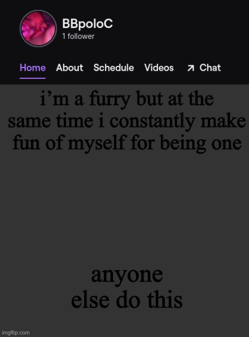 Twitch template | i’m a furry but at the same time i constantly make fun of myself for being one; anyone else do this | image tagged in twitch template | made w/ Imgflip meme maker