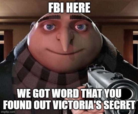 FBI OPEN UP | FBI HERE; WE GOT WORD THAT YOU FOUND OUT VICTORIA'S SECRET | image tagged in gru gun | made w/ Imgflip meme maker