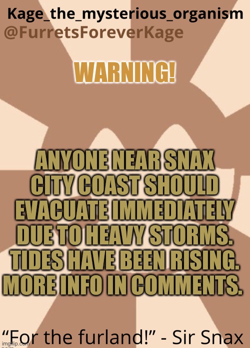 WARNING! ANYONE NEAR SNAX CITY COAST SHOULD EVACUATE IMMEDIATELY DUE TO HEAVY STORMS. TIDES HAVE BEEN RISING. MORE INFO IN COMMENTS. | image tagged in kage_the_mysterious_organism s furret announcement | made w/ Imgflip meme maker