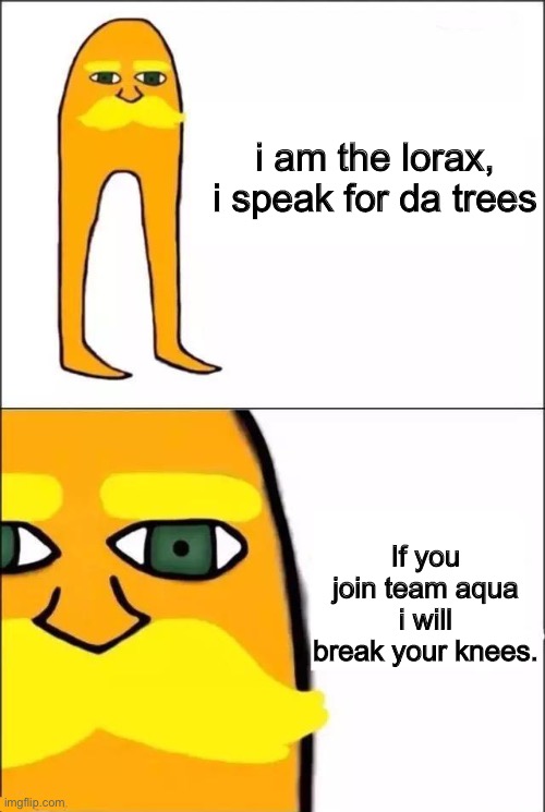 jcg be like | i am the lorax, i speak for da trees; If you join team aqua i will break your knees. | image tagged in i am the lorax | made w/ Imgflip meme maker