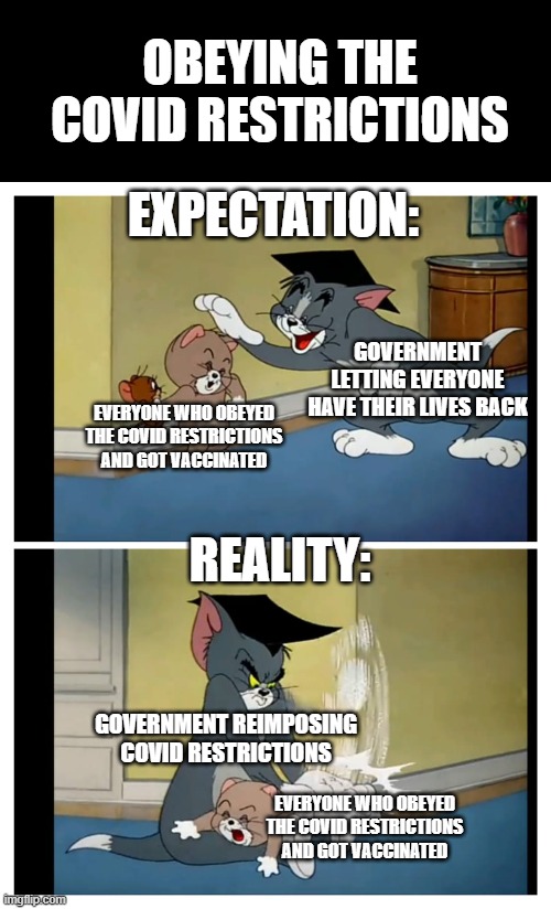 Keep complying, it's not gonna get you your life back | OBEYING THE COVID RESTRICTIONS; EXPECTATION:; GOVERNMENT LETTING EVERYONE HAVE THEIR LIVES BACK; EVERYONE WHO OBEYED THE COVID RESTRICTIONS AND GOT VACCINATED; REALITY:; GOVERNMENT REIMPOSING COVID RESTRICTIONS; EVERYONE WHO OBEYED THE COVID RESTRICTIONS AND GOT VACCINATED | image tagged in tom and jerry meme,big government,tyranny,scumbag government | made w/ Imgflip meme maker