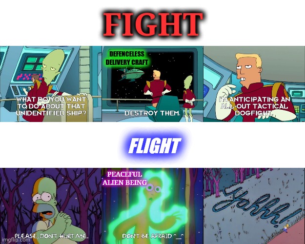 Fight vs. Flight |  FIGHT; DEFENCELESS
DELIVERY CRAFT; FLIGHT; PEACEFUL
ALIEN BEING | image tagged in meme,the simpsons,futurama | made w/ Imgflip meme maker
