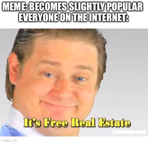 Estate its real FREE | MEME: BECOMES SLIGHTLY POPULAR 
EVERYONE ON THE INTERNET: | image tagged in it's free real estate,memes,reposts are lame | made w/ Imgflip meme maker