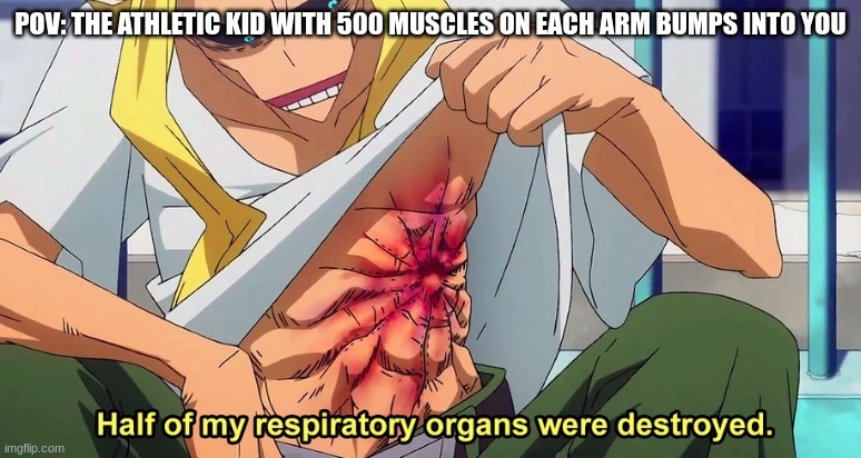 Half of my respiratory organs were destroyed |  POV: THE ATHLETIC KID WITH 500 MUSCLES ON EACH ARM BUMPS INTO YOU | image tagged in half of my respiratory organs were destroyed,fun,have a nice day,oh wow doughnuts,bye | made w/ Imgflip meme maker