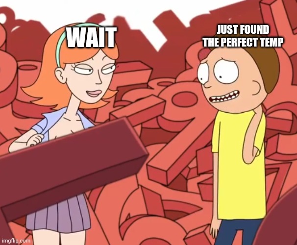 GOTDAMN as NoobNoob said. RIP to that vindicator | JUST FOUND THE PERFECT TEMP; WAIT | image tagged in strip jessica morty reaction | made w/ Imgflip meme maker