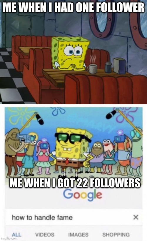 In the end, followers don't matter compared to how many people I might have made happier. Big thanks to everybody who follows me | ME WHEN I HAD ONE FOLLOWER; ME WHEN I GOT 22 FOLLOWERS | image tagged in sad spongebob,how to handle fame,so true memes,memes,thanks bois | made w/ Imgflip meme maker