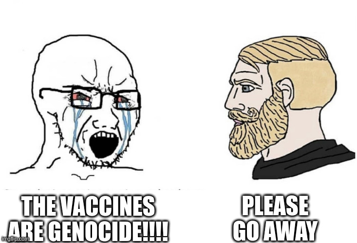 Soyboy Vs Yes Chad | PLEASE GO AWAY; THE VACCINES ARE GENOCIDE!!!! | image tagged in soyboy vs yes chad | made w/ Imgflip meme maker