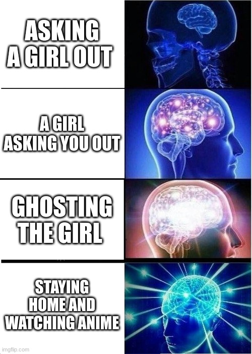 Expanding Brain Meme | ASKING A GIRL OUT; A GIRL ASKING YOU OUT; GHOSTING THE GIRL; STAYING HOME AND WATCHING ANIME | image tagged in memes,expanding brain | made w/ Imgflip meme maker
